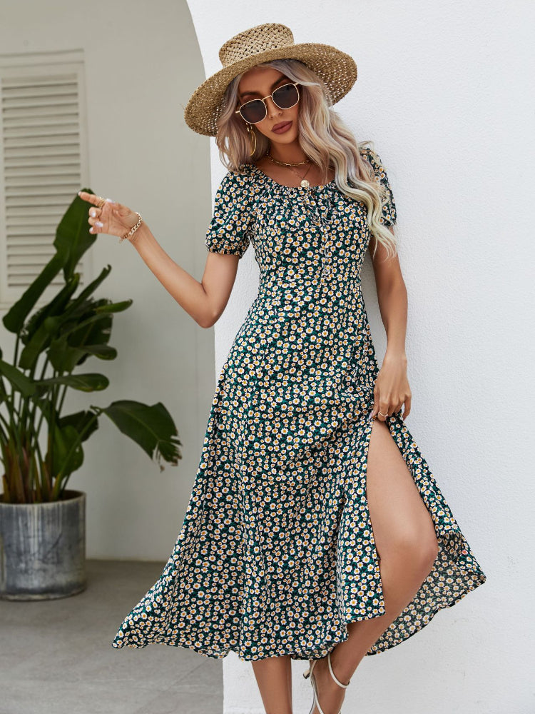 Summer Fashion Print Elegant Lace Up Sexy Strapless Slit Maxi Dress