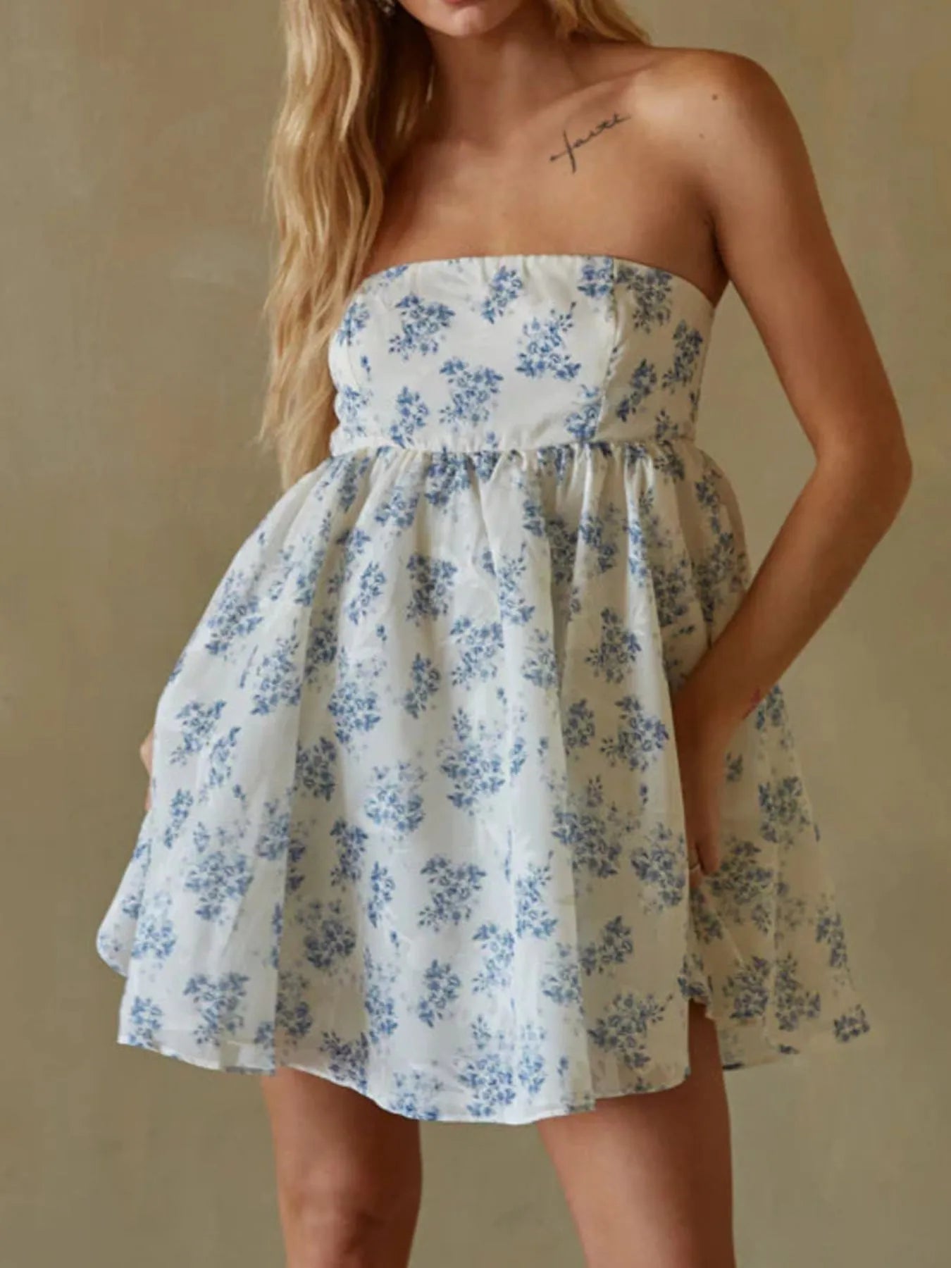 Strapless Floral Print Summer Dress