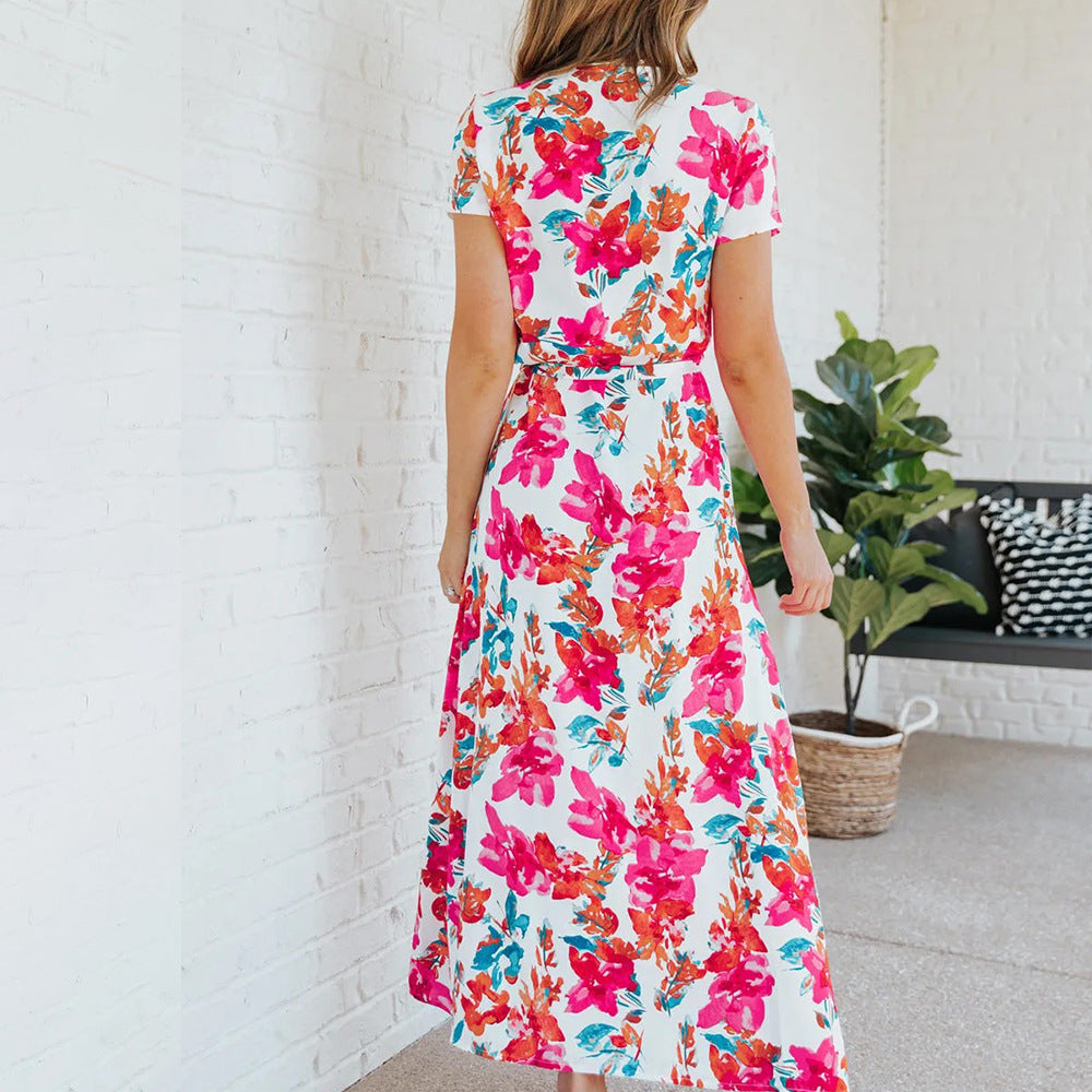 Summer Fashion Elegant Temperament Slit V-neck Print A-Line Maxi Dress