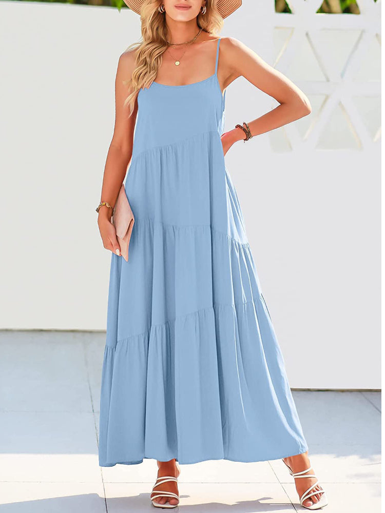 Summer Fashion Casual Solid Color Pleated Irregular Sling Maxi Dress