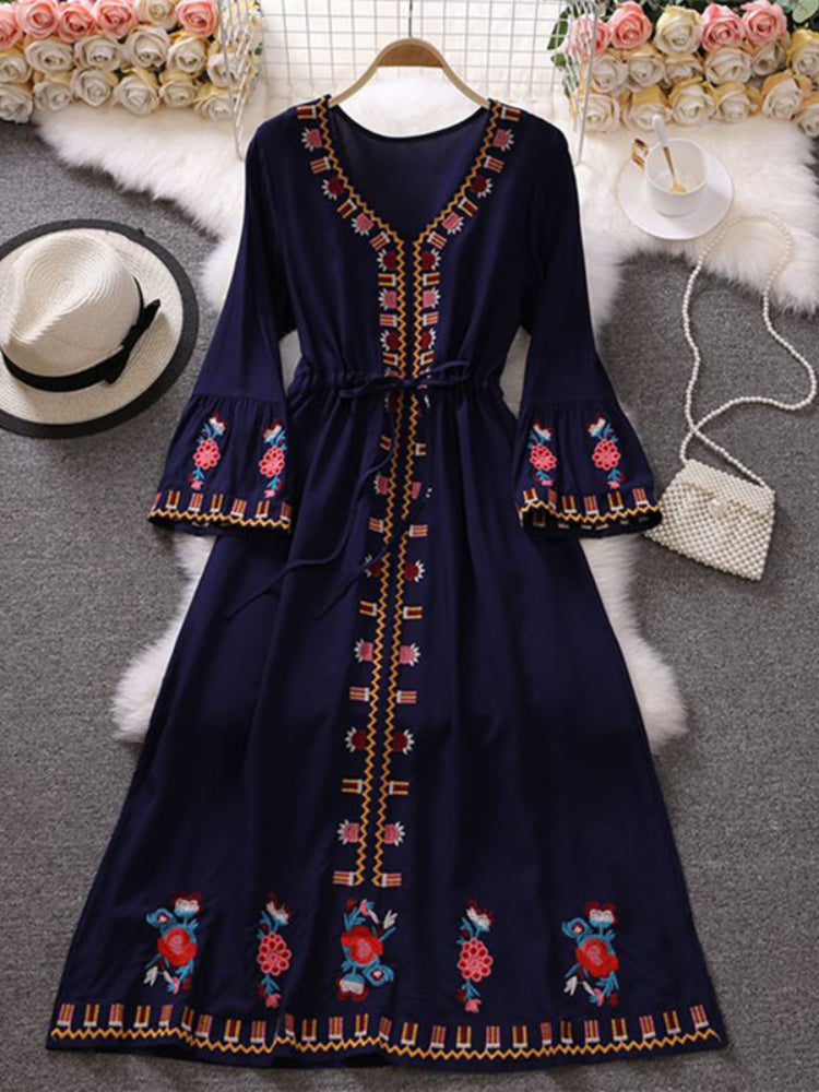 Summer Retro Fashion Elegant Embroidered V-neck A-line Holiday Swing Maxi Dress