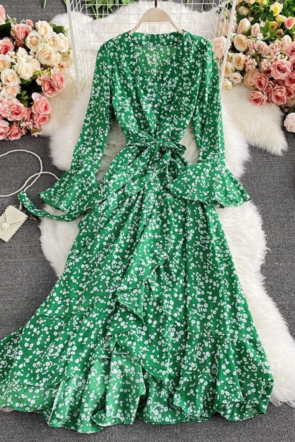 Casual V Neck Long Sleeve Vintage Elegant Oversized Hem Floral Ruffle Party Maxi Dress