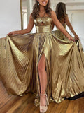 Elegant Queen Style Metallic Fabric Cross Neck Cutout Slit Pleated Maxi Dress