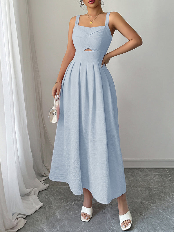 Backless Hollow Pleated Solid Color Zipper A-line High Waisted Spaghetti-Neck Midi Dresses