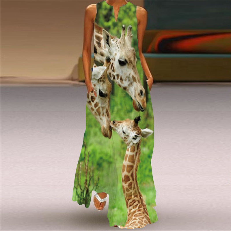 Women's Retro Print V-neck Multicolor Sexy Sleeveless  Maxi Dress