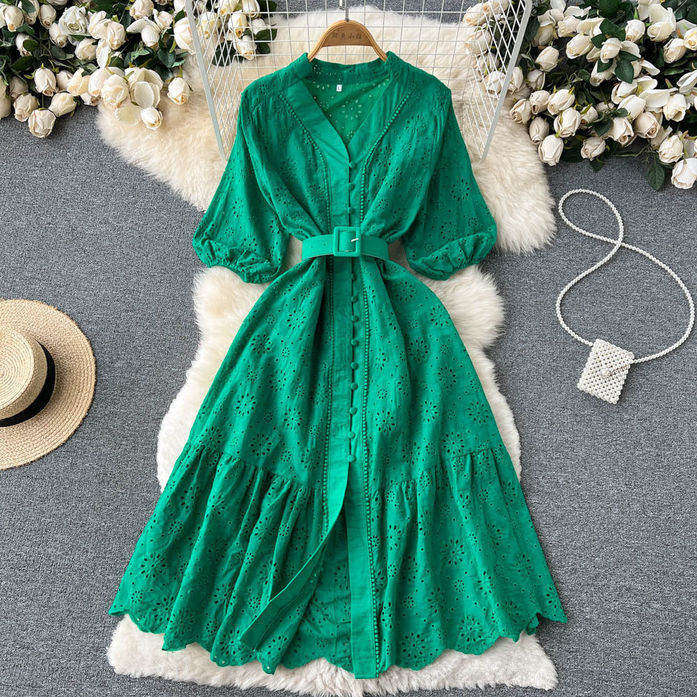 Women's Elegant V Neck Button Ruffle Puff Sleeve Fashion Maxi Dress