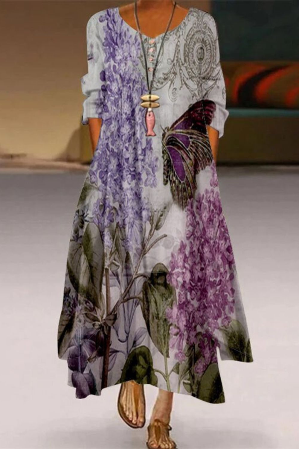 Women's Printed Long Sleeve Irregular Hem Elegant Casual  Maxi Dress