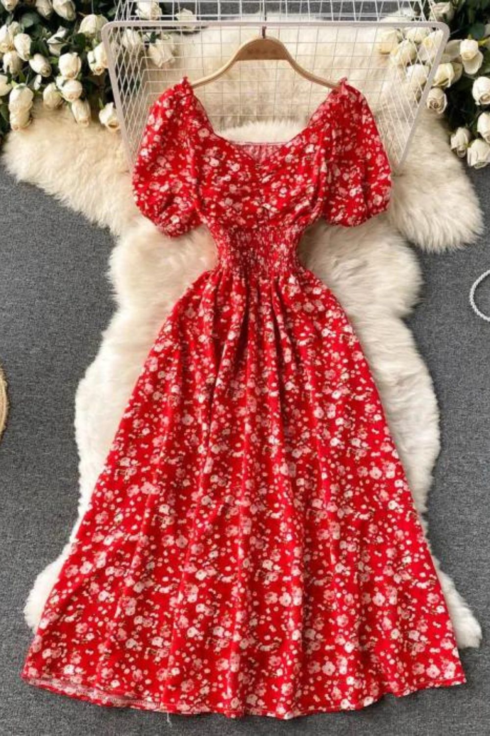 Women's Fashion V Neck Puff Sleeve Floral Print Casual Maxi Dress