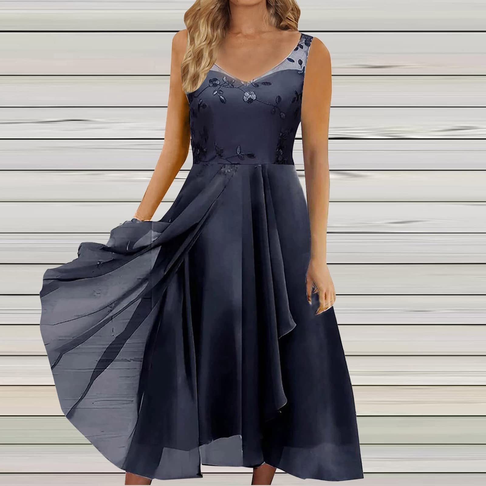 Women's Fashion Irregular Sleeveless V-Neck Mesh Embroidered Hollow Maxi Dress