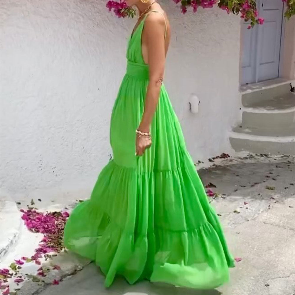 Summer Solid Color Fashion Temperament Sexy V Neck Sleeveless Backless Party Maxi Dress