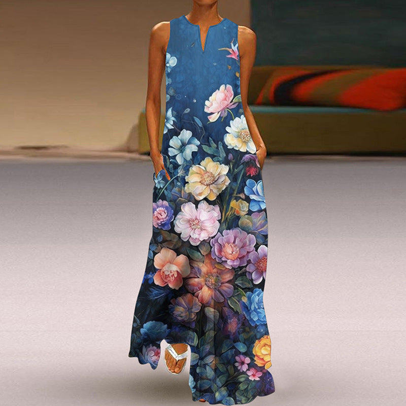 Summer Women Fashion Elegant Sleeveless V Neck Print Sexy Maxi Dress
