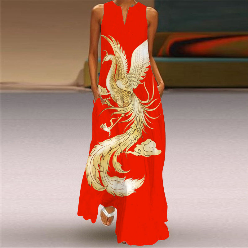 Women's Retro Print V-neck Multicolor Sexy Sleeveless  Maxi Dress