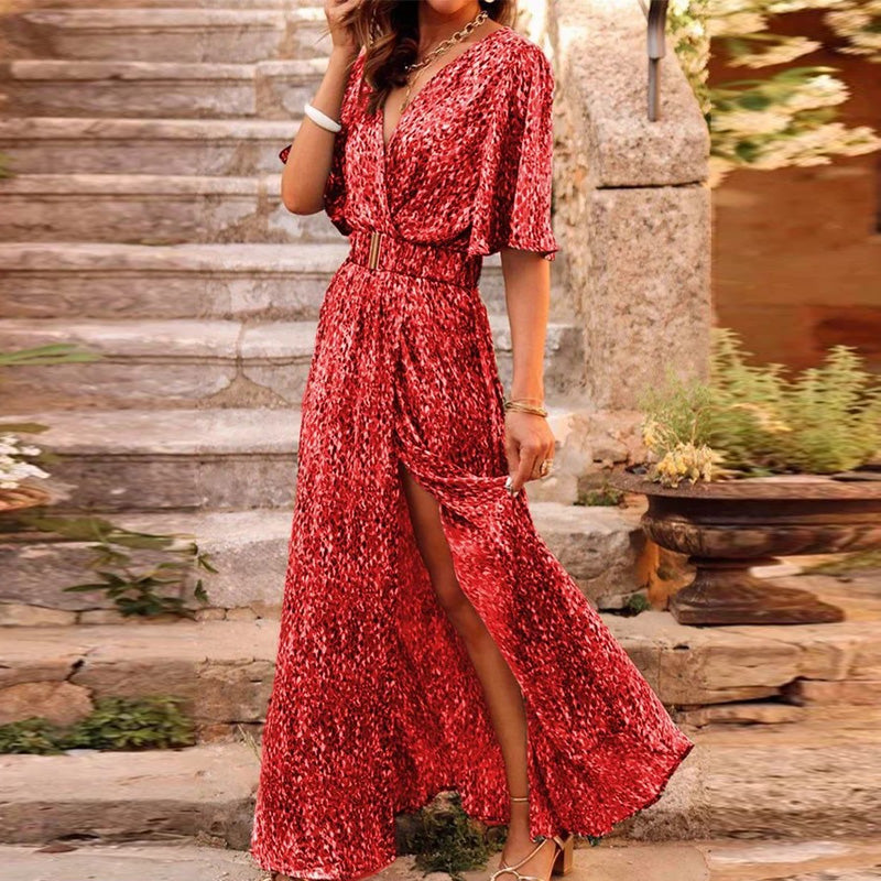 Elegant Deep V Neck Half Sleeve Fashion Casual Graphic Printing Slit Party Maxi Dress