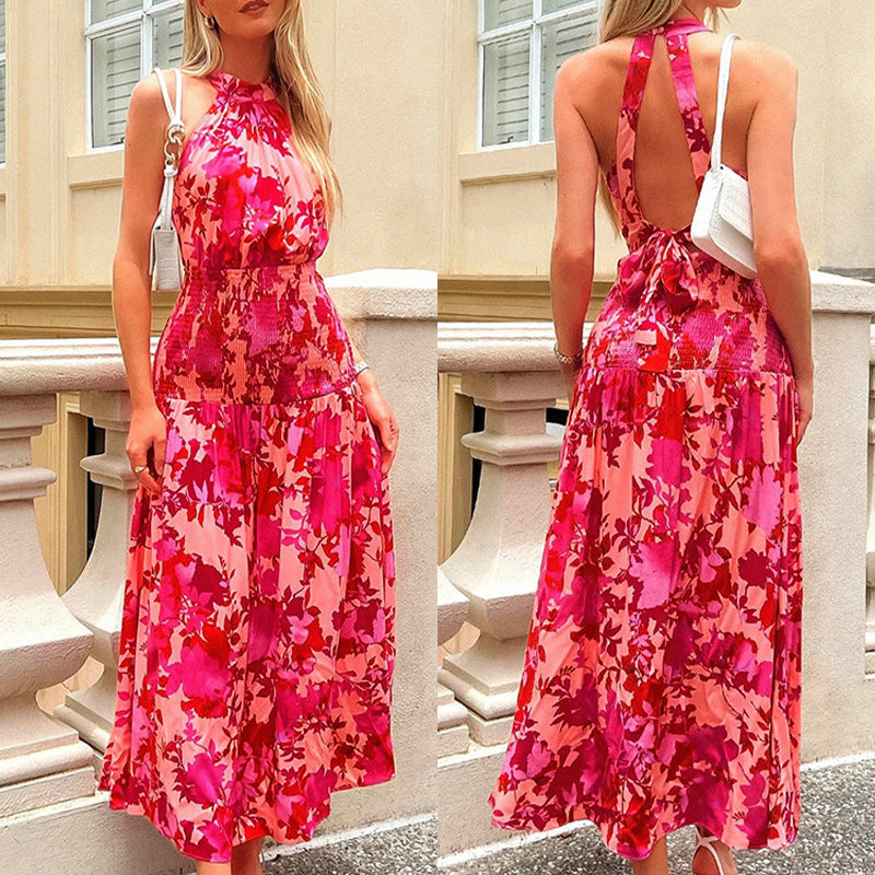Summer Women's Fashion Print Sleeveless High Waist Temperament Maxi Dress