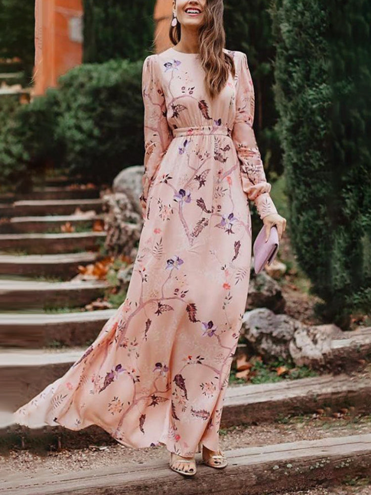 Women's Fashion Print Temperament Long Sleeve Elegant Casual Maxi Dress