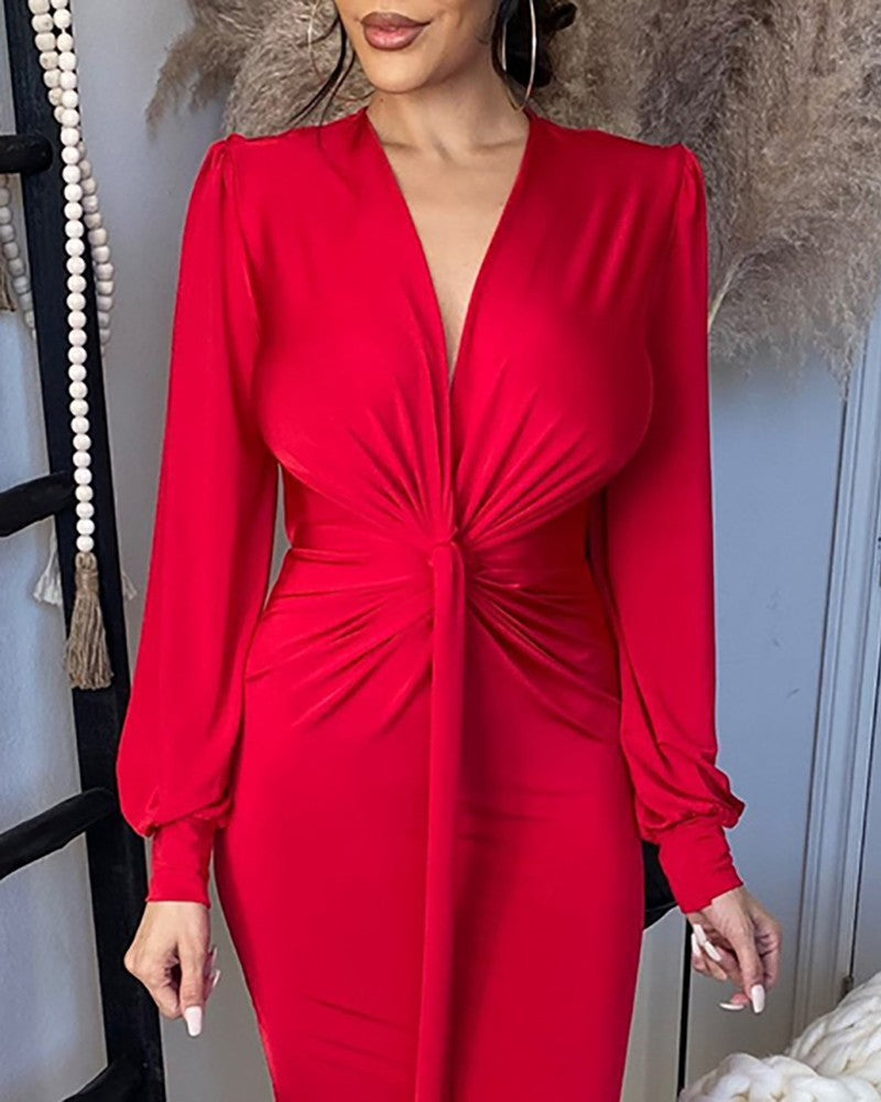 Elegant Party Long Sleeve Slim Slit Fashion  Maxi Dress