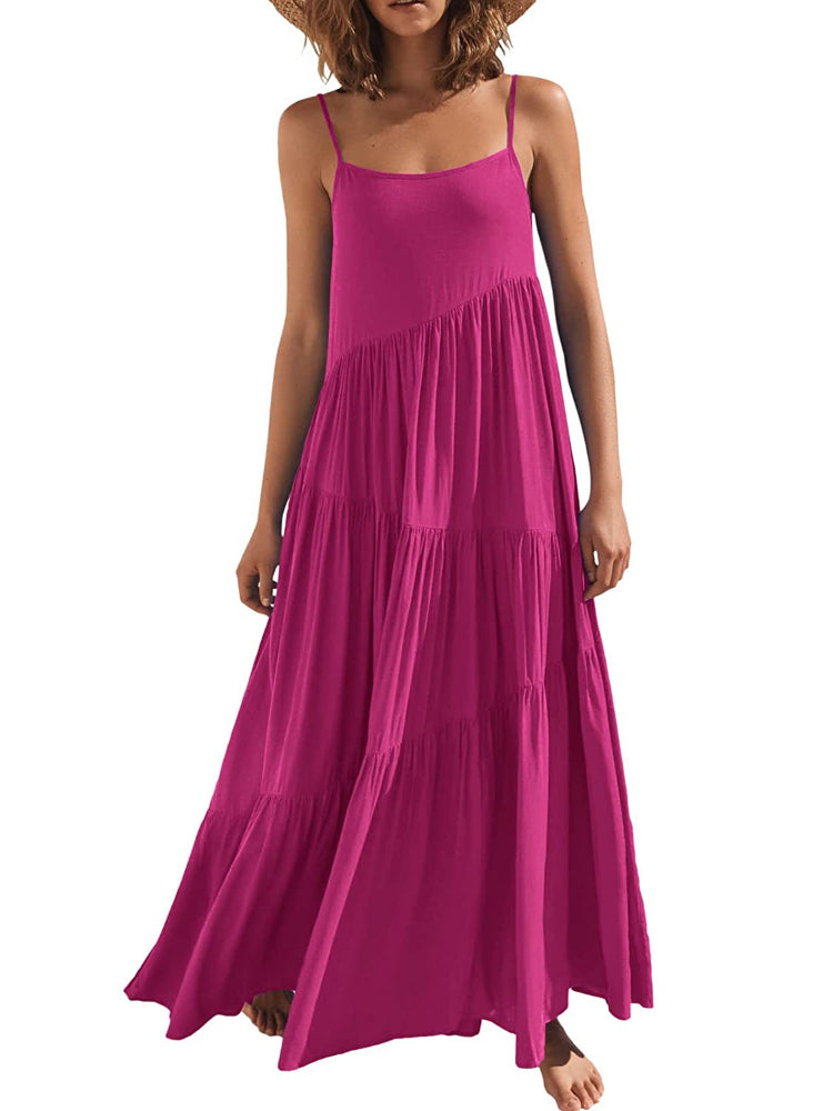 Summer Fashion Casual Solid Color Pleated Irregular Sling Maxi Dress