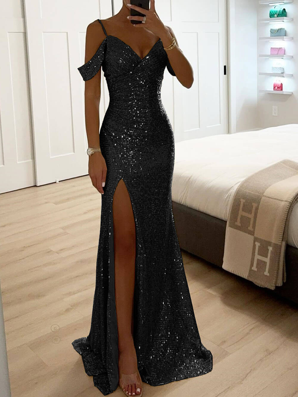 Elegant V-Neck Sequin Side-Slit Sleeveless Gown Maxi Dress