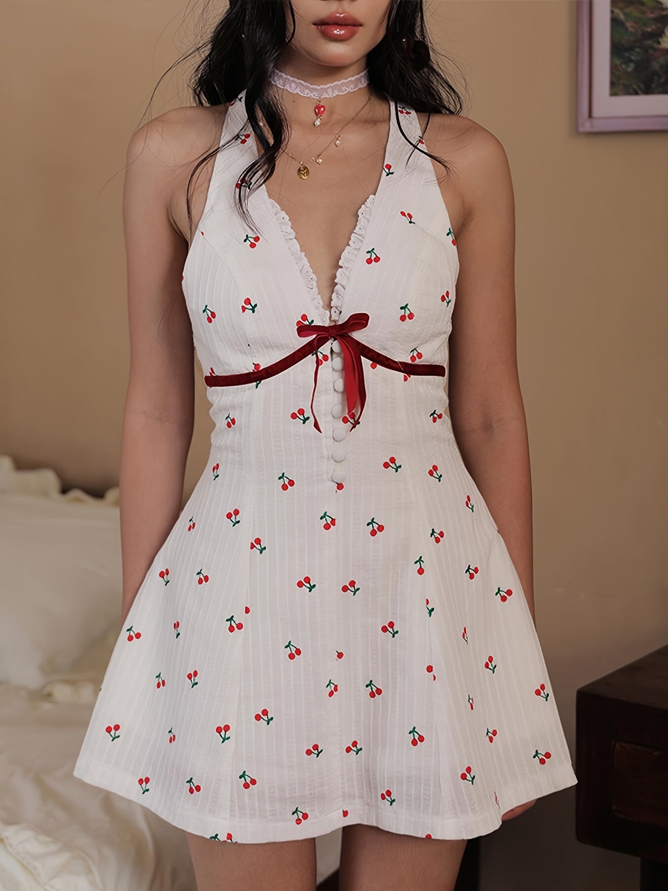 Women’s Cherry Print Halter Neck Backless Mini Dress