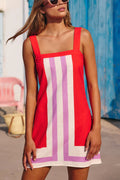 2025 Summer Women's Color Block Square Neck Sleeveless Mini Dress - Strappy Short Sundress Casual Party Chic