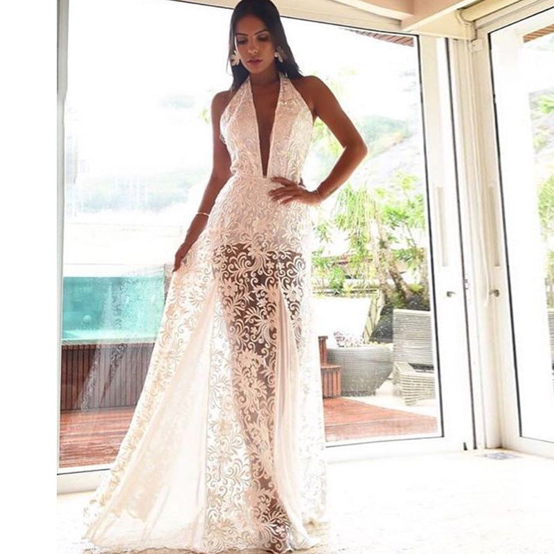 Sexy Sleeveless Halter Neck Backless Fashion Elegant Lace Maxi Dress