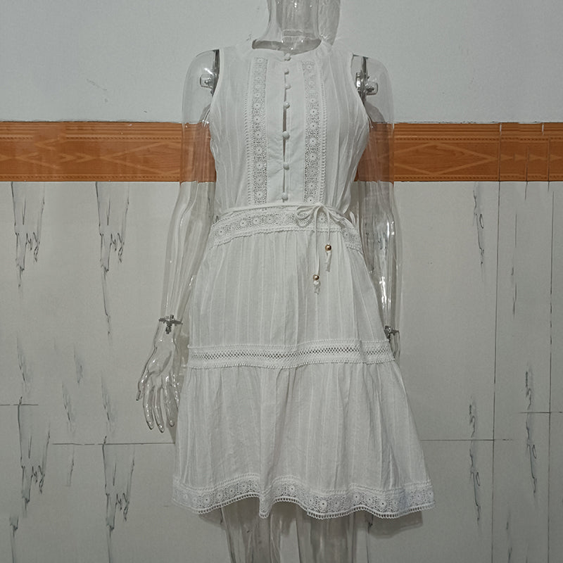 Ardm Fashion White Sleeveless Round Neck With Button Patchwork Summer Dress 2021 Lace Stitching Vintage Mini Dress Vestidos