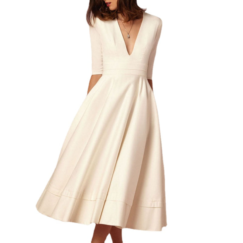 Deep V Neck Party Half Sleeves Sexy Solid Elegant Office Vintage A-Line Dress