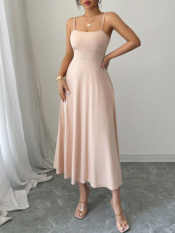Backless Pleated Solid Color A-Line High Waisted Spaghetti-Neck Midi Dresses