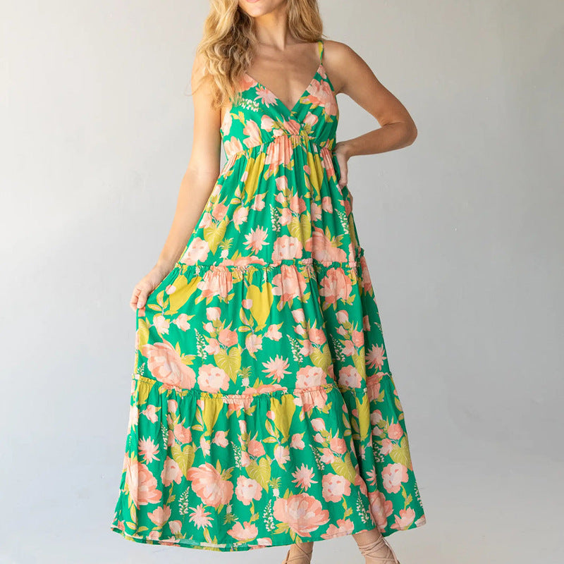 Summer Square Neck High Waist Stitching Pleated Print Loose Casual A-Line  Maxi Dress