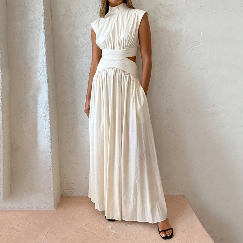 Fashion High Neck Solid Color Casual Sleeveless Hollow Out Office Elegant Pleated Party  Maxi Dress
