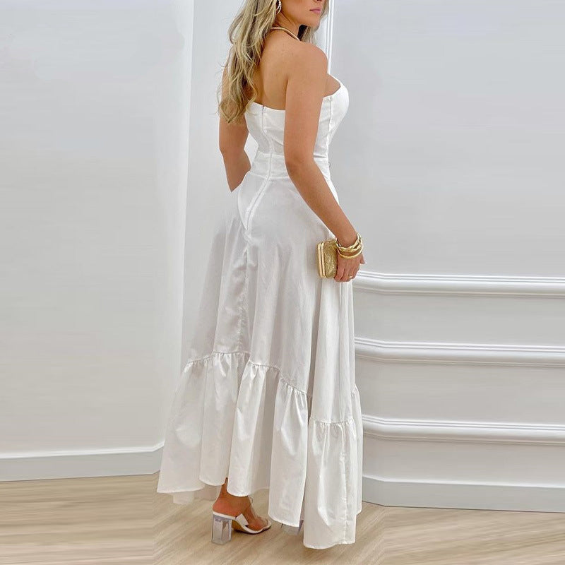 Summer Women's Solid Color Sexy Diagonal Neck Waist Ruffle Party  Maxi Dress