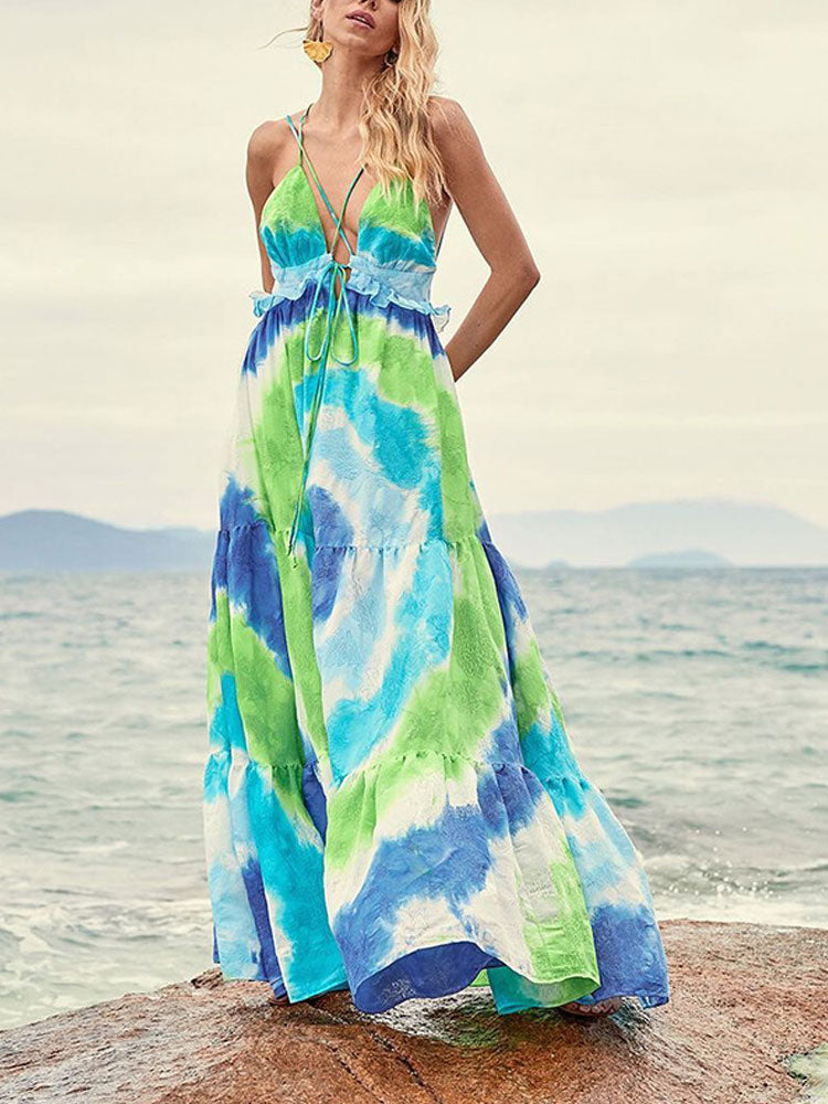 Sexy Fashion Summer Bohemian Tie Dye Gradient Backless  Maxi Dress