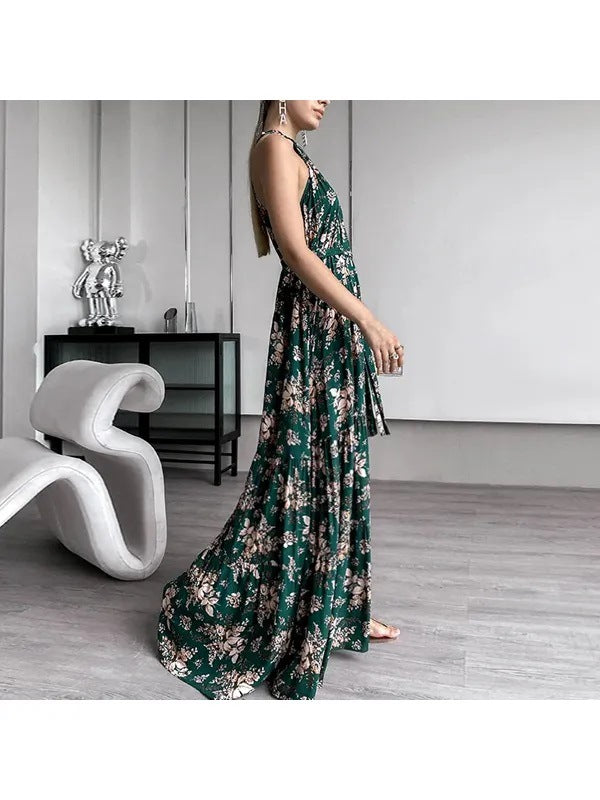 Women Fashion Flower Print Off Shoulder Bohemian Elegant  Maxi Dress