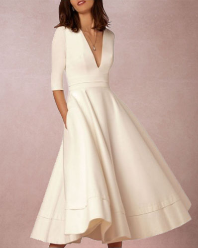 Deep V Neck Party Half Sleeves Sexy Solid Elegant Office Vintage A-Line Dress