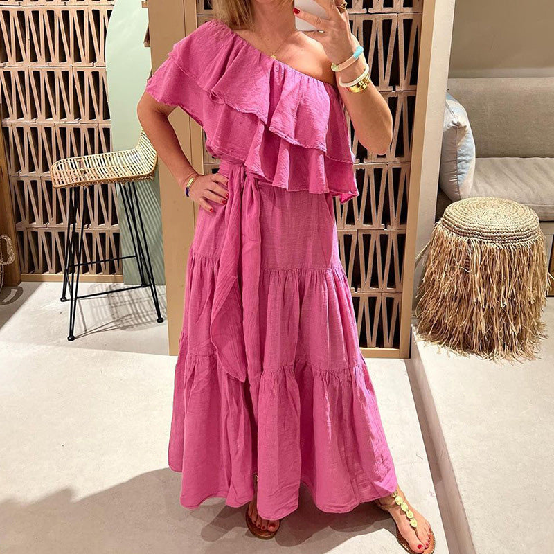 Summer Vacation Elegant Slash Neck Sexy Off Shoulder Layered Ruffle Party  Maxi Dress