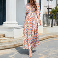 Summer Fashion Print Holiday Skinny Deep V Neck Slit Beach Swing Maxi Dress