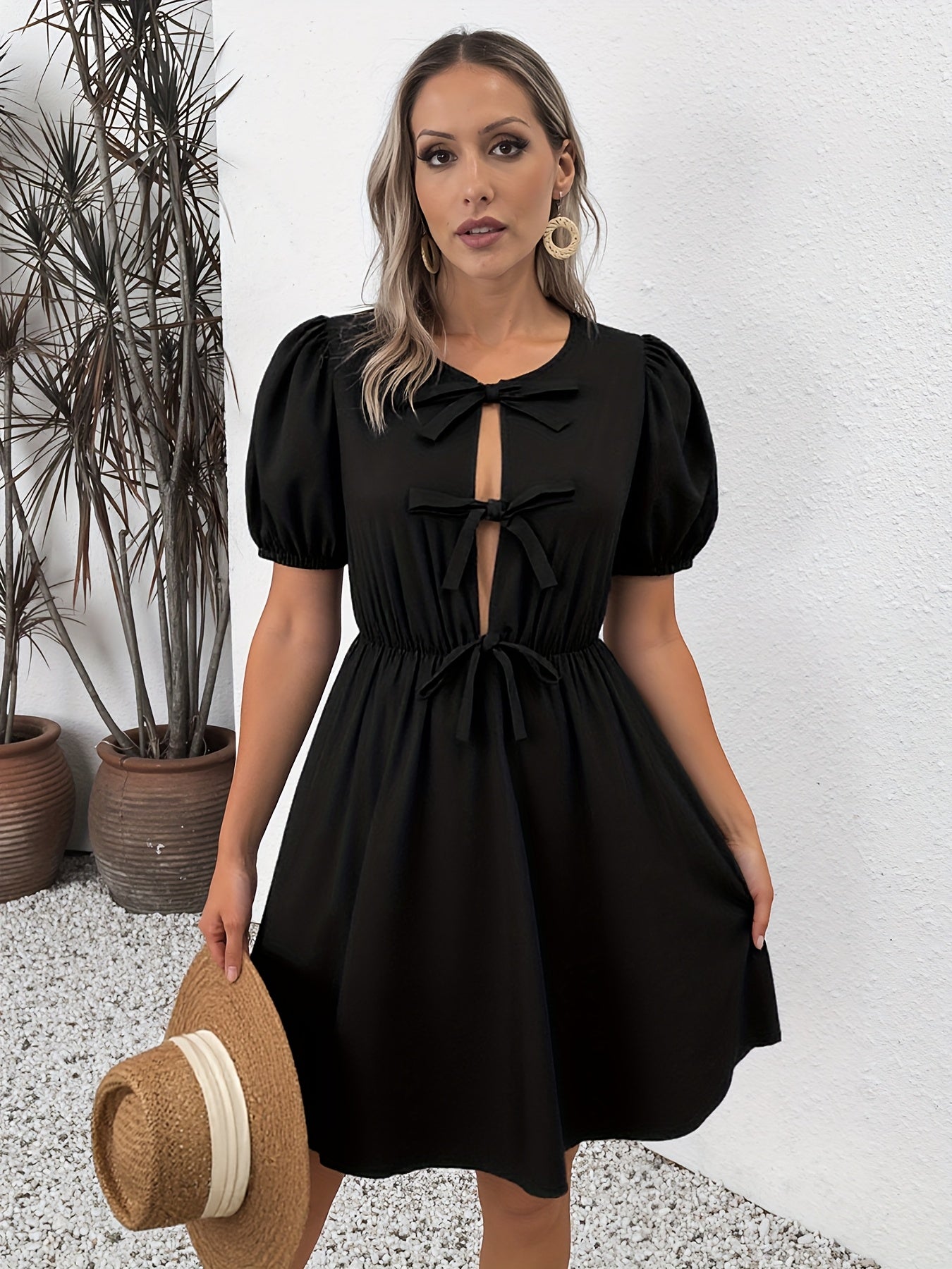 Women'S Summer Black A-Line Dress with Bow Detail - Short Sleeve, Round Neck, Casual & Breathable, Perfect for Beach, Picnic, Office, Casual Attire|Bow Detail Dress|Short Sleeve Dres
