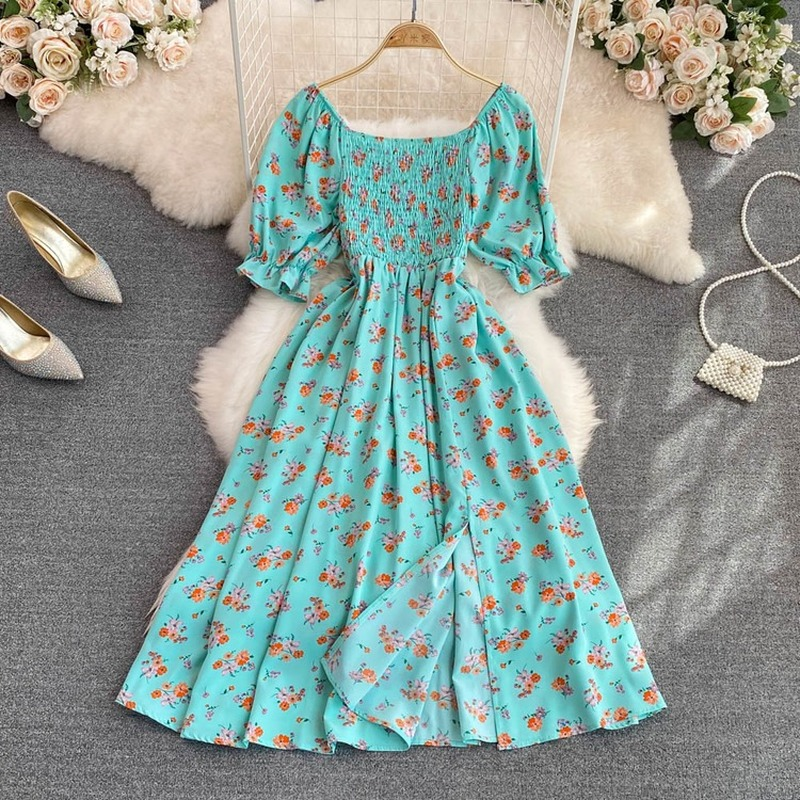 Fashion Floral Summer Square Neck Puff Sleeve Slit Slim Pleated Maxi Dress