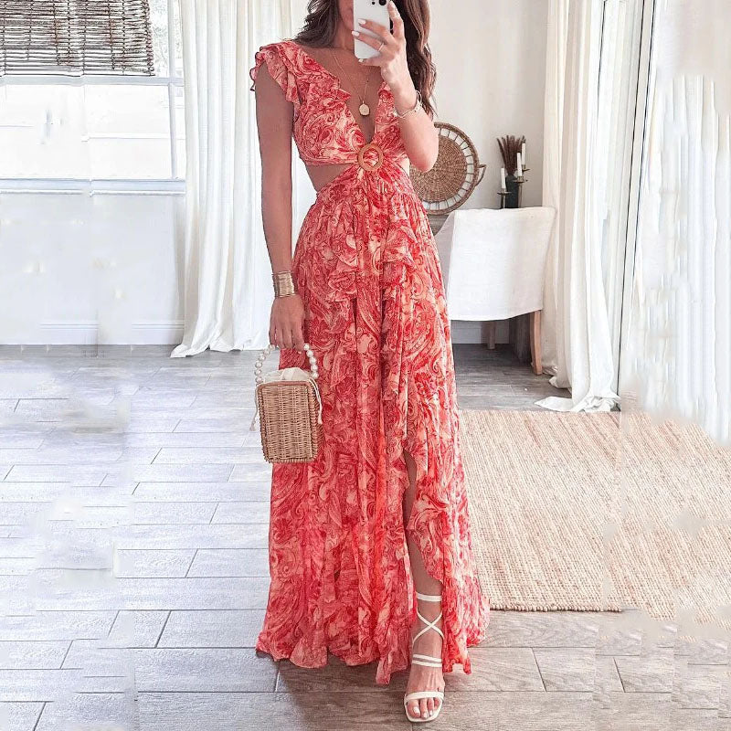 Summer Fashion Print V Neck Cutout Backless Lace Up Ruffle Slit Maxi Dress