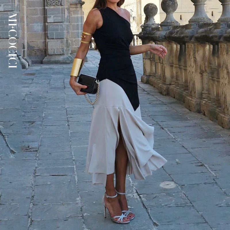 Summer Fashion Elegant Slanted Shoulder Sleeveless Slit Beach Party Maxi Dress