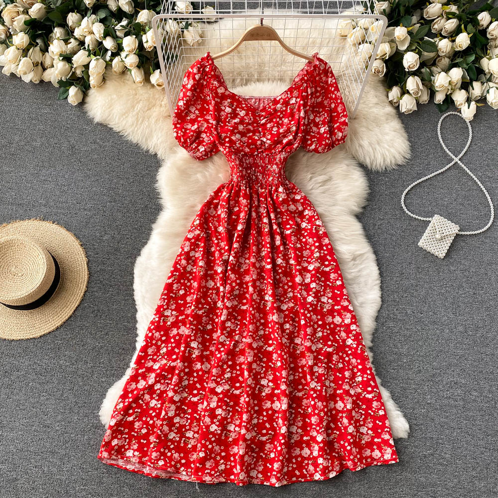 Women's Fashion V Neck Puff Sleeve Floral Print Casual Maxi Dress