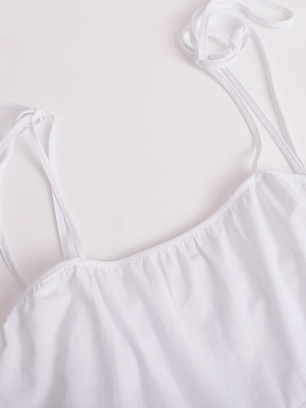 Solid Color Pleated Layered Backless Sleeveless Loose Spaghetti-Neck Mini Dresses