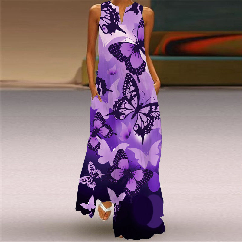 Fashion Sleeveless V Neck Casual Elegant Flower Print Vintage Maxi Dress