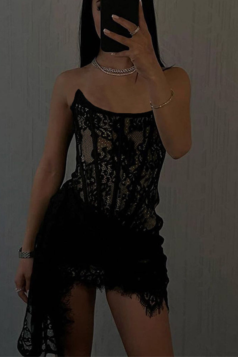 Sexy Lace Ruched Irregular U Neck Lace Dress Dresses(3 Colors)