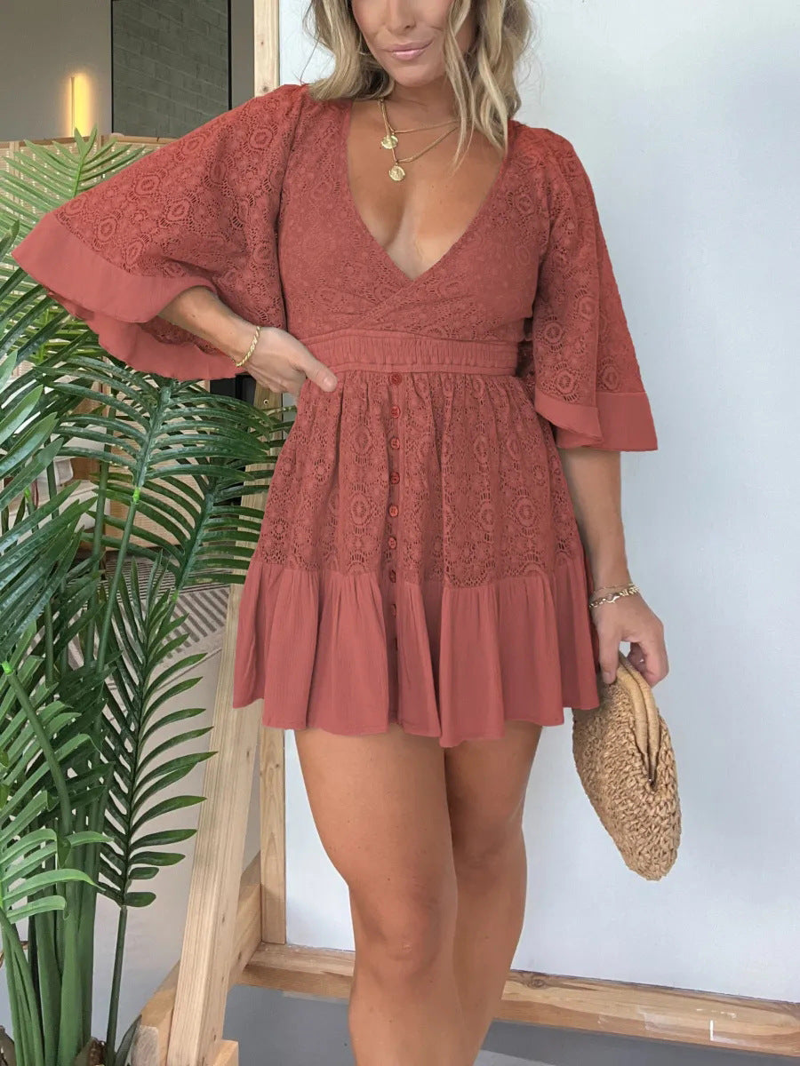 Summer Women's Lace Panel Batwing Sleeve Dress - Elegant Flowy Boho Maxi Dress, Casual Party Sundress