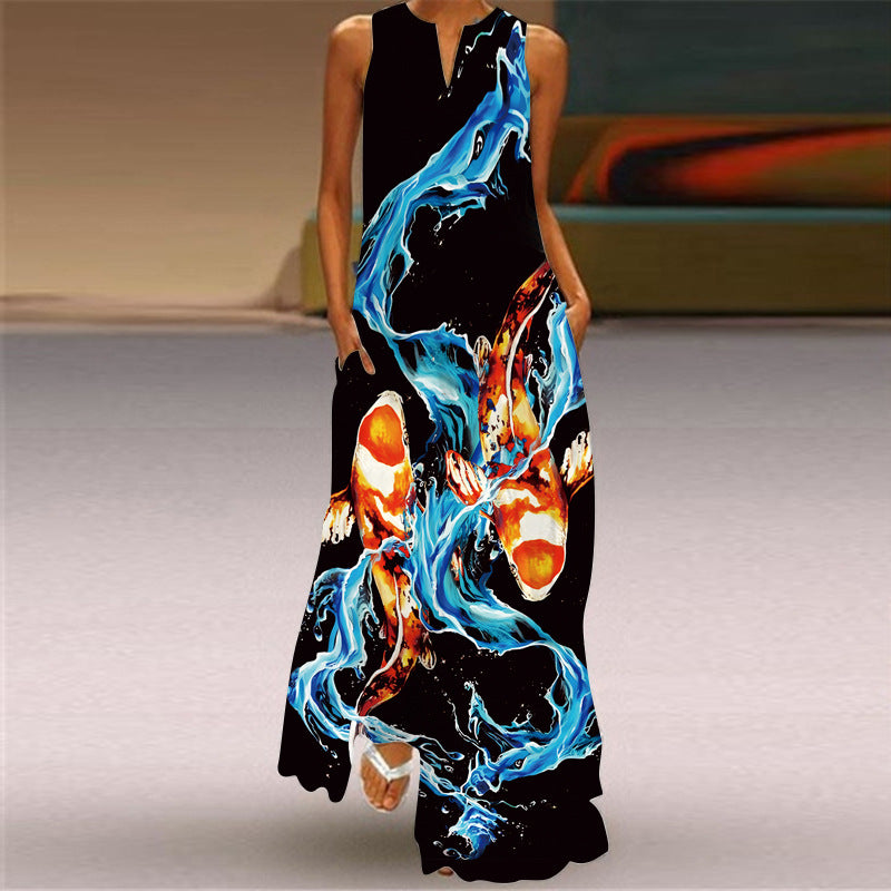Fashion Sleeveless V Neck Casual Elegant Flower Print Vintage Maxi Dress