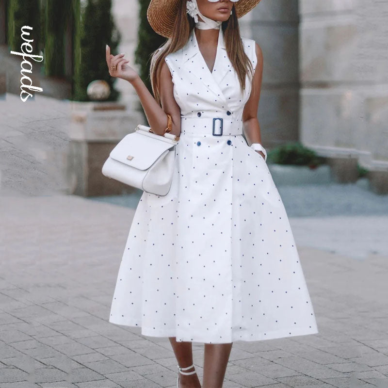 Summer Fashion Lapel Sleeveless Polka Dot Print Slit Slim Fit Office Maxi Dress