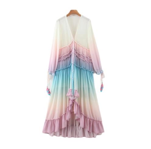 Summer Women's Deep V Long Sleeve Printed  Maxi Dress