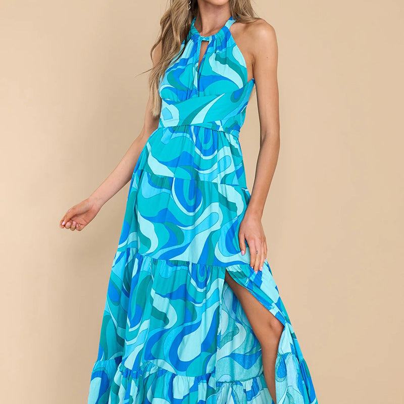 Summer Women's Fashion Print Halter Neck Sexy Backless Ruffled Swing Maxi Dress