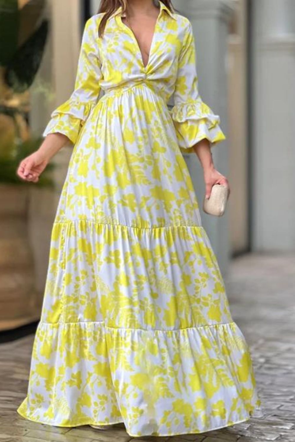 Women's Fashion Printed V-neck Bell Sleeve Long Sleeve Casual Maxi Dress